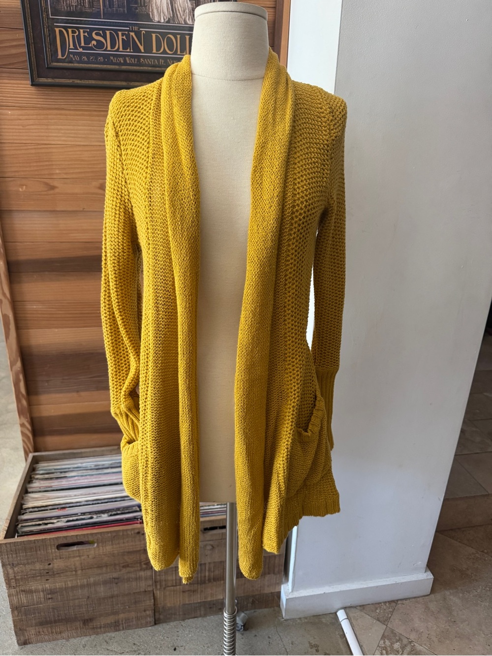 Anthropologie Mustard Yellow Open-Front Knit Cardigan